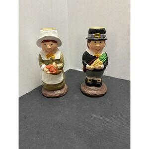 Thanksgiving Pilgrim Taper Candle Holders Set 2 Wood Carved Look 5" Tall
